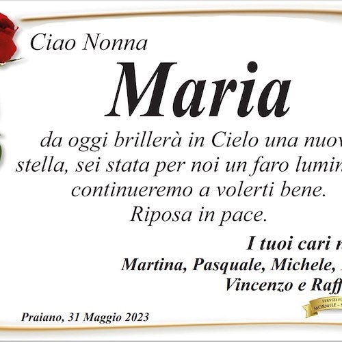 Lutto tra Praiano e Tovere di Amalfi: si è spenta a 91 anni la signora Maria Cuccurullo, vedova Pane