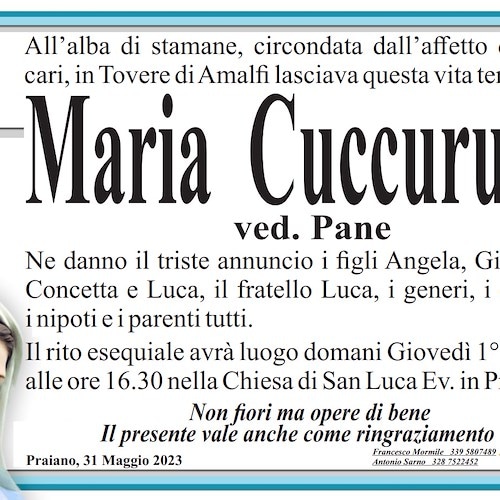 Lutto tra Praiano e Tovere di Amalfi: si è spenta a 91 anni la signora Maria Cuccurullo, vedova Pane
