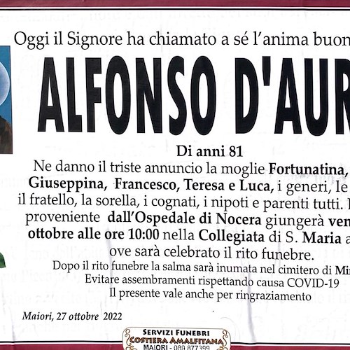 Maiori dice addio ad Alfonso D'Auria, i familiari: «Meritavi di concludere la tua esistenza tra gli affetti delle mura amiche»
