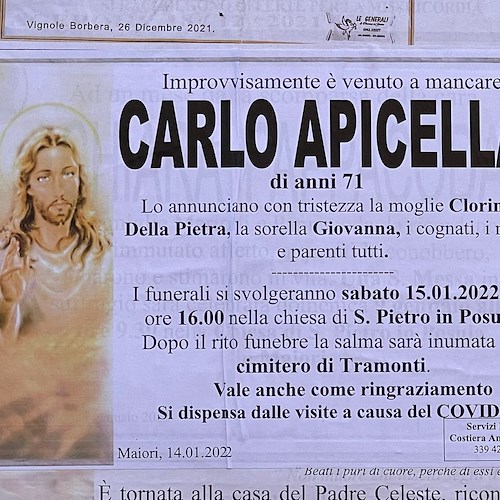 Maiori: oggi pomeriggio i funerali di Carlo Apicella, morto per salvare il suo cagnolino