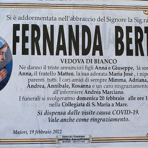 Maiori piange la scomparsa della signora Fernanda Berti, moglie dell’apprezzato dentista Di Bianco