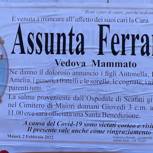 Maiori piange la scomparsa di Assunta Ferrara, vedova Mammato