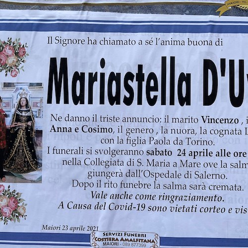 Maiori, sabato 24 aprile l'ultimo saluto a Mariastella D'Uva in Collegiata