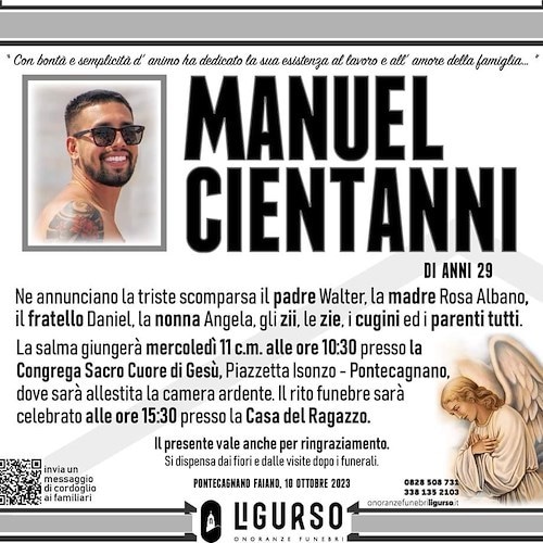 Manifesto funebre di Manuel Cientanni
