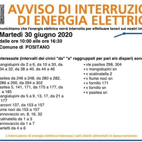 Martedì 30 giugno interruzione di energia elettrica a Positano