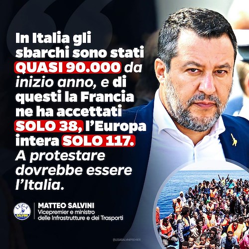 Migranti, Salvini replica alla Francia: «Da noi 90mila sbarchi, a protestare dovrebbe essere l'Italia»
