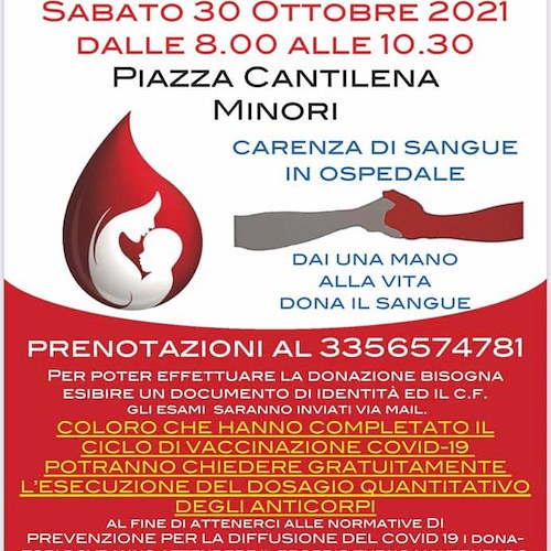 Minori, 30 ottobre giornata dono del sangue in piazza Cantilena