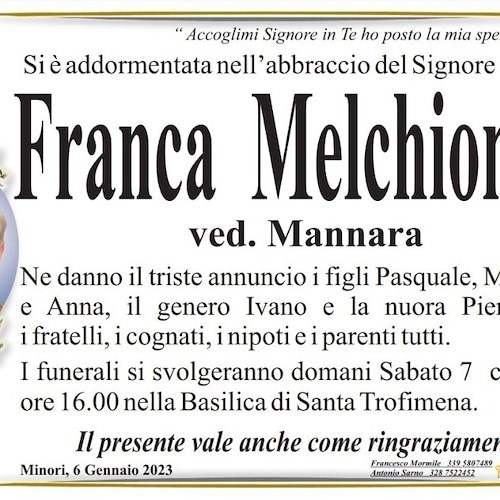 Minori e Cava de' Tirreni dicono addio alla signora Franca Melchionda, aveva 75 anni 