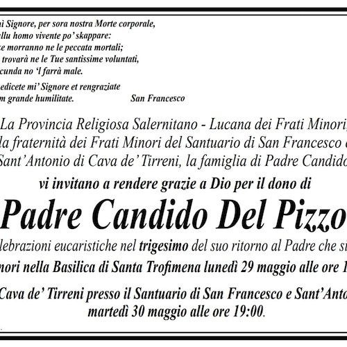 Minori e Cava de' Tirreni ricordano padre Candido Del Pizzo a un mese dalla scomparsa 