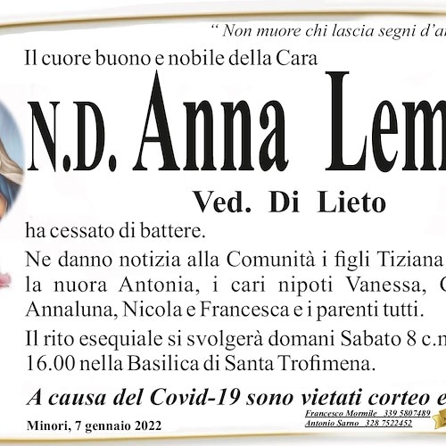 Minori piange la scomparsa della N.D. Anna Lembo, vedova Di Lieto