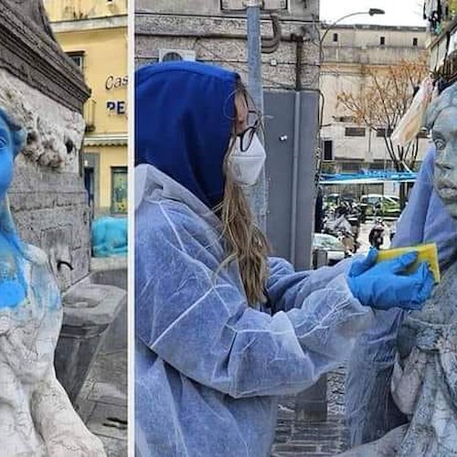 Napoli, associazione ripulisce fontana del Seguro vandalizzata con vernice blu