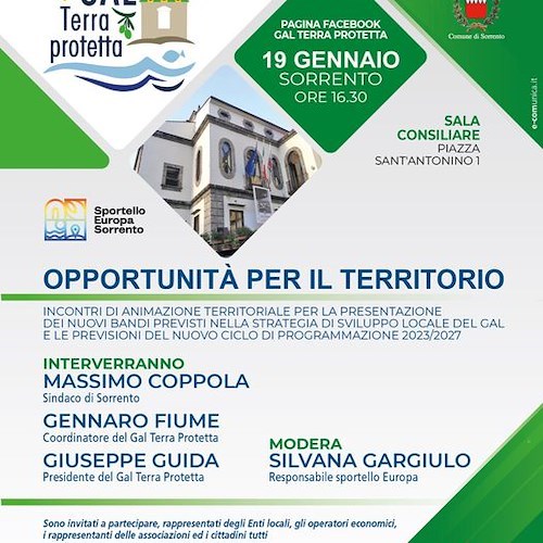 "Opportunità per il territorio", oggi a Sorrento la presentazione dei nuovi bandi regionali