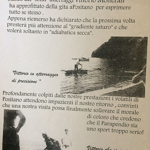Parapendio a Positano: nel '94 Eugenio Fucito soccorse Vittorio Motteran nel suo atterraggio "di precisione"