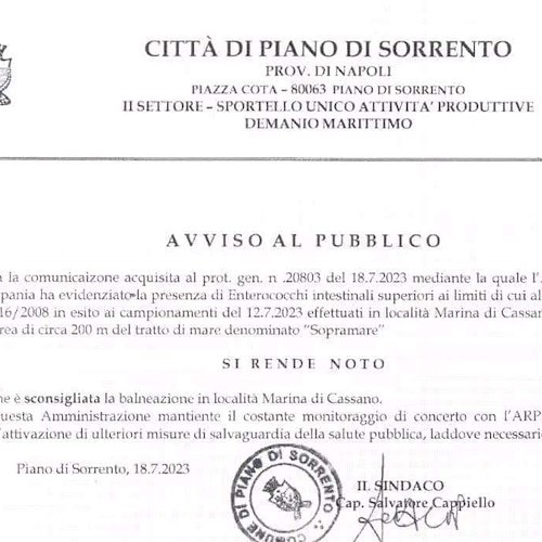 Piano di Sorrento, Comune «sconsiglia» balneazione a Marina di Cassano per Enterococchi intestinali