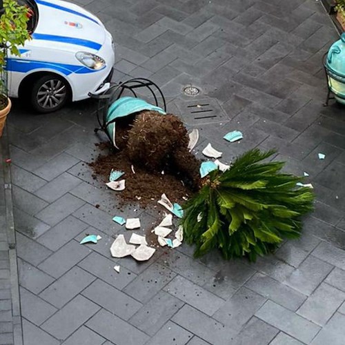 Piccolo incidente in piazza dei Mulini, vaso rotto sulla pavimentazione. Intervento in tempi record del Comune di Positano