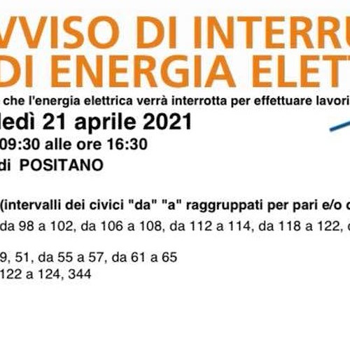 Positano, 21 aprile interruzione elettrica per lavori agli impianti /ORARI e CIVICI