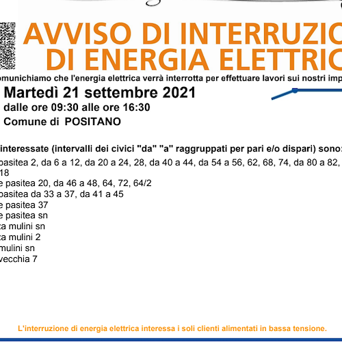 Positano, 21 settembre interruzione elettrica per lavori agli impianti /ORARI e CIVICI