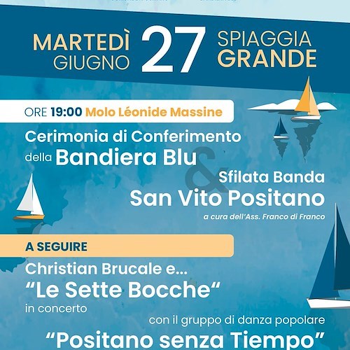 Positano, 27 giugno la cerimonia di conferimento della Bandiera Blu 2023