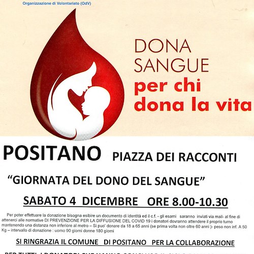Positano, 4 dicembre “Giornata del dono del Sangue”: necessaria prenotazione