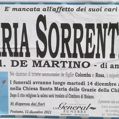 Positano e Vico Equense piangono la dipartita di Maria Sorrentino