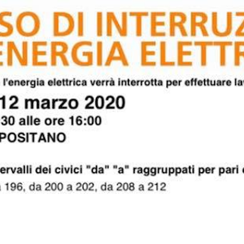 Positano, giovedì 12 marzo interruzione di energia elettrica in Via Pasitea