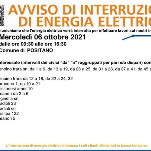 Positano, mercoledì 6 ottobre interruzione elettrica per effettuare lavori sugli impianti