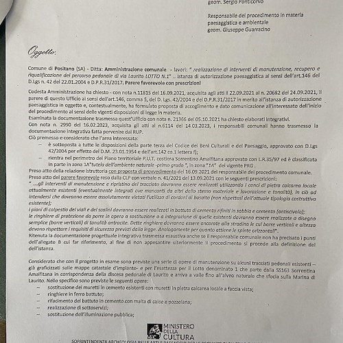 Positano, nulla osta dalla Soprintendenza per interventi di riqualificazione di via Laurito 