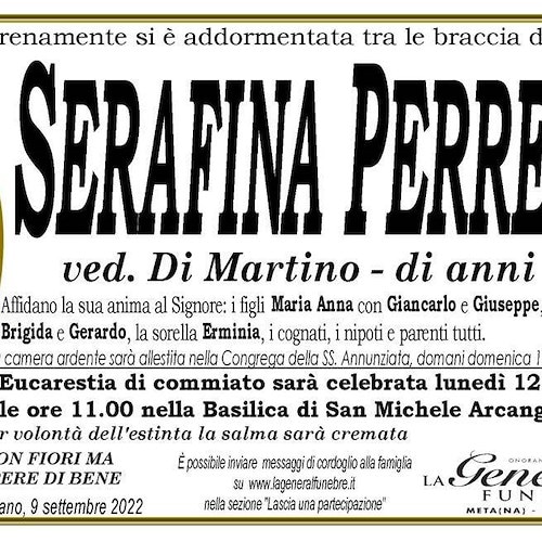 Positano piange la morte di Serafina Perrella, vedova Di Martino