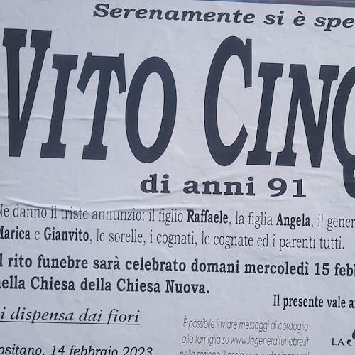 Positano porge l'ultimo saluto a Vito Cinque, aveva 91 anni