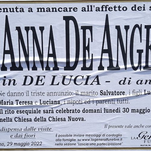 Positano porge l'ultimo saluto alla Signora Anna De Angelis in De Lucia