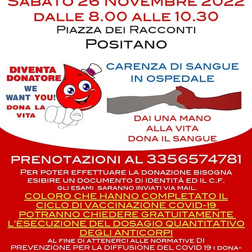 Positano risponde ad appello donazione sangue: 26 novembre giornata di raccolta