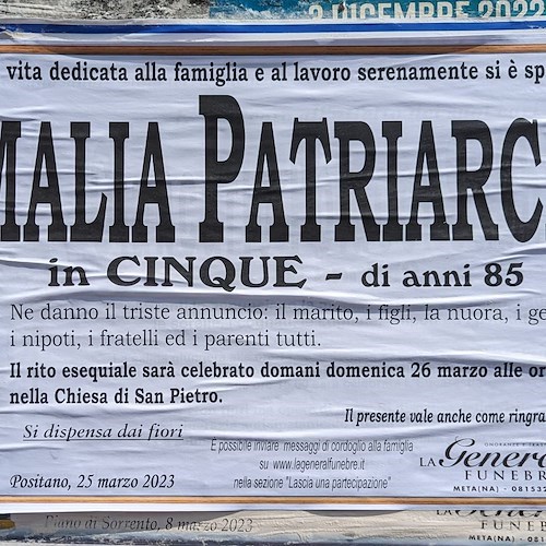 Positano, si è spenta a 85 anni la signora Amalia Patriarca