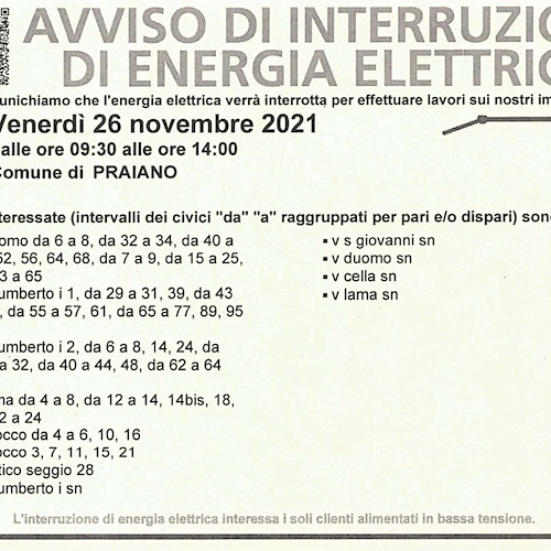 Praiano, 26 novembre interruzione elettrica per lavori agli impianti /ORARI e CIVICI
