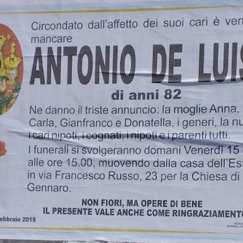 Praiano, oggi pomeriggio i funerali di Antonio De Luise