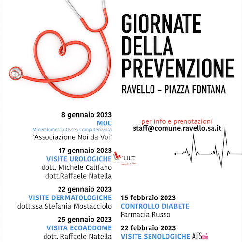 Prevenzione, dall'8 gennaio screening gratuiti a Ravello con otto appuntamenti per sensibilizzare i cittadini 
