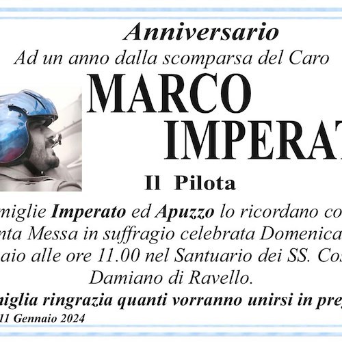 Ravello non dimentica il pilota Marco Imperato: 14 gennaio Santa Messa di suffragio ad un anno dalla morte