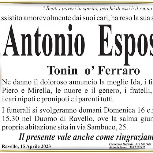 Ravello piange la morte di Antonio Esposito, per tutti Tonino 'o Ferraro 