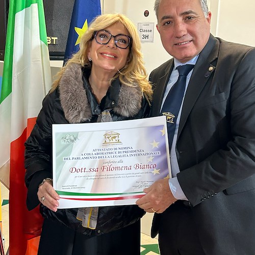Riconoscimento per la dottoressa battipagliese Filomena Bianco, nominata Coordinatrice di Presidenza del Parlamento della Legalità Internazionale<br />&copy;