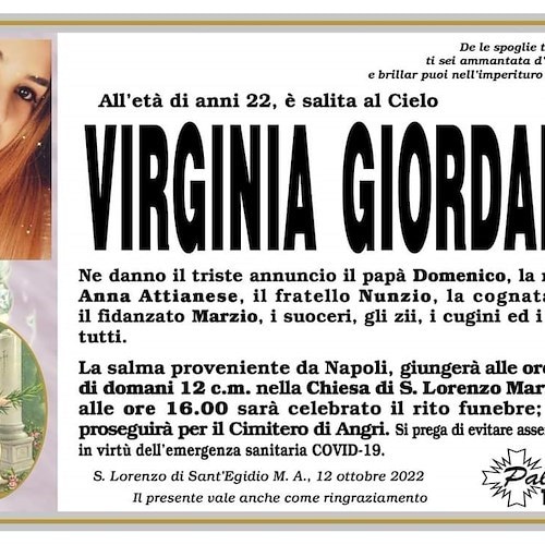 Sant'Egidio, oggi l'ultimo saluto a Virginia Giordano: 40enne indagato per omicidio stradale 