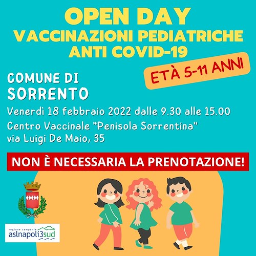Sorrento, 18 febbraio Open day vaccinale per bimbi 5-11 anni 