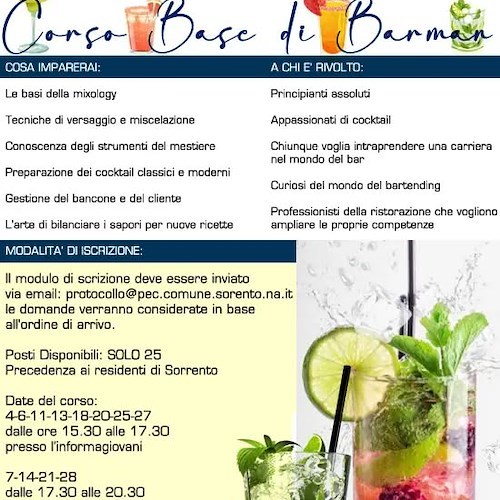 Sorrento, al via le iscrizioni per il corso base gratuito di barman