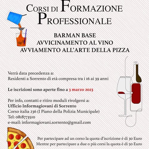 Sorrento, corsi di formazione professionale per barman e di avvicinamento alla pizza e al vino
