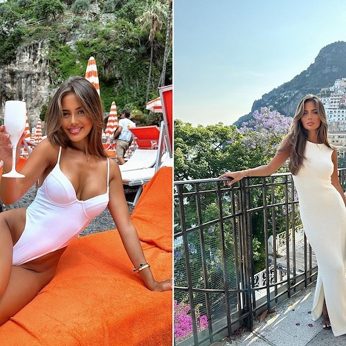 Tarsha Whitmore lascia tutti senza fiato a Positano. La modella in total white dalla spiaggia di Arienzo 