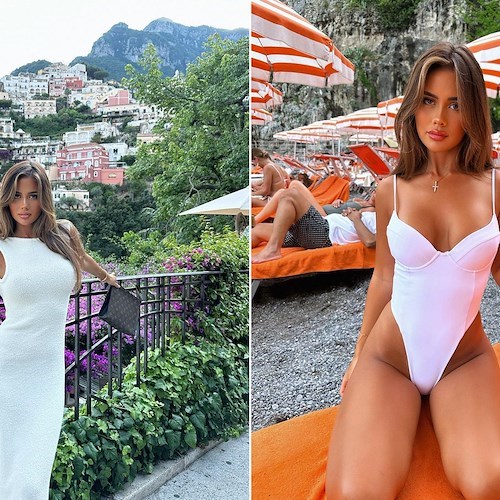 Tarsha Whitmore lascia tutti senza fiato a Positano. La modella in total white dalla spiaggia di Arienzo 