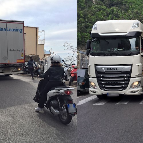Tir sovradimensionato per la SS163 blocca traffico a Positano, fermato dai cittadini /FOTO