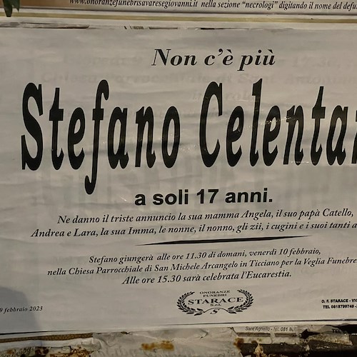 Tragico incidente a Vico Equense, oggi i funerali del 17enne Stefano Celentano 