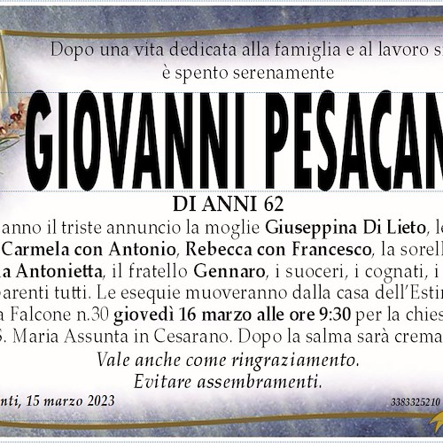 Tramonti dice addio al consigliere comunale Giovanni Pesacane, fratello della dottoressa Maria Antonietta 