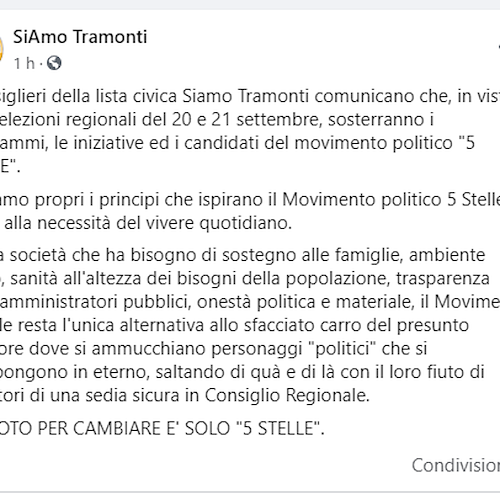 Tramonti: Giordano candidato con De Luca, ma consiglieri di minoranza invitano ad appoggiare i 5 Stelle